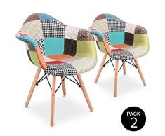Mc Haus AURA Patchwork - Pack 2 Sillones Comedor estilo Vintage patchwork tower, Butaca con reposabrazos y diseño tapizado con patas de Madera Maciza 54x64x80 cm