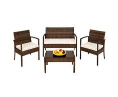 TecTake Conjunto muebles de Jardín en Poly Ratan Sintetico - negro 4 plazas, 2 sillones, 1 mesa baja, 1 banco - disponible en diferentes colores - (Negro/Marrón)