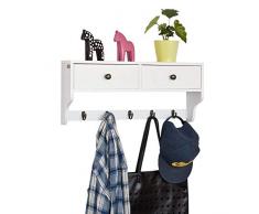 SoBuy FRG178-W,ES Moderna Estantería de Pared, Perchero, Estante de Pared, Estante, con 5 Ganchos y Dos Cajones,Blanco