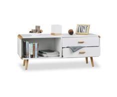 Relaxdays Aparador Salón Nórdico con 2 Cajones, Mesa Auxiliar Baja, Mueble TV, DM-Bambú, 48 x 120 x 40 cm, Blanco