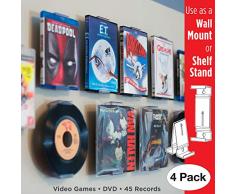 CollectorMount Accesorio de DVD y Videojuego, 45 RPM y BLU-Ray Montaje en Pared y Soporte para Estantería, Invisible y Ajustable, Paquete de 4