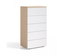 Habitdesign 017821W - Cómoda chifonier con 5 cajones, Color Nature y Blanco Brillo, Dimensiones 61cm (Ancho) x 110cm (Alto) x 40cm (Fondo)