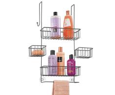 mDesign Estantería de baño colgante – Estantería para ducha de metal inoxidable – Práctico organizador de ducha con toallero y cestas de baño para guardar accesorios de ducha – gris
