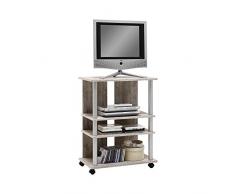 FMD Moebel 205-007 Variant 7-Mueble para televisor con Ruedas con 3 estantes y Barra de Poliamida Coloreada, Aluminio y Madera de Roble y Arena, 65 x 40 x 85 cm