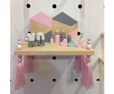Estante de pared Artesanía en madera Estantes flotantes Mostrar estante colgante de pared Baldas flotantes con cuentas de madera Borla decoración de pared(tipo C)