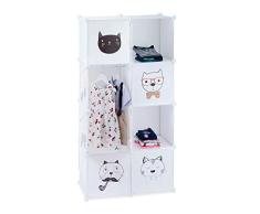 Relaxdays Estantería Infantil, Gatos, Siete Compartimentos, Perchero, Armario, 145 x 74 x 36,5 cm, Blanco