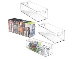 mDesign bandejas de plastico para CDs – Estanteria para CDs, DVD o videojuegos – Pack de 4 Porta CDs transparente con asas