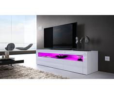 Mesa Baja para TV Valencia, Cuerpo en Blanco Mate/Frente en Blanco de Alto Brillo con Marco en Blanco de Alto Brillo