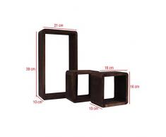 Rebecca Mobili Set 3 Pz Estantería de Pared 2 Cuadrados 1 Cubo Madera Paulownia Marrón Oscuro Estilo Moderno Decoración Hogar (Cod. RE6302)