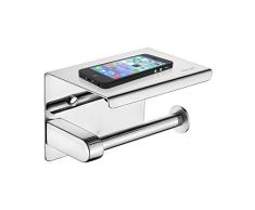 Ibergrif M34050, Portarrollos Adhesivo Sin Tapa, Porta Rollos de Papel Higienico con el Teléfono Móvil Estante de Almacenamiento, Plata, Acero Inoxidable, Talla única