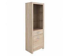 Vitrina aparador color roble con puerta y estantes de cristal y varios departamentos 62x177