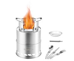 Azeekoom Estufa de Leña Camping, Hornillo Alcohol Portátil con Cuchillo Plegable Tenedor Cuchara Fuelle de Fuego para Excursionismo al Aire Libre Senderismo Senderismo Picnic Barbacoa