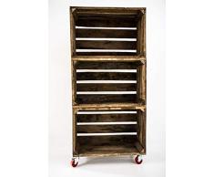 Estantería con 3 Cajas de Madera Envejecida Tipo Fruta Vertical con Ruedas Rojas Sam, Cajas Envejecidas, Marrón, 50x32x110CM. Incluye Imán Personalizable de Madera.