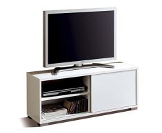 Abitti Mesa de TV módulo bajo Multimedia Color Blanco Brillo con Puerta corredera y 4 estantes. Mueble de salón Comedor. 109cm Ancho x 40cm Fondo x 46cm Altura