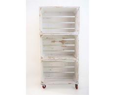 Estantería con 3 Cajas de Madera Pintada Blanco Vintage Tipo Fruta Vertical con Ruedas Rojas Sam, Cajas Blanco Vintage, 50x32x110CM. Incluye Imán Personalizable de Madera.