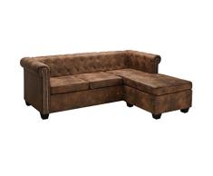 Festnight Sofá Chesterfield en Forma de L con Chaise Longue,Look de Ante Vintage Piel Afelpada Artificial Marrón 200x140x73cm