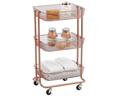 mDesign Mueble auxiliar móvil – Compacto carro con ruedas para todo el hogar – Práctico carrito verdulero con tres estantes de metal – dorado rosado