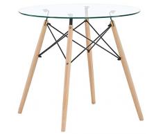 DORAFAIR Mesa de Comedor de Cristal Templado,Mesa Redonda de Cocina o Café Moderna Nórdica Patas de Madera