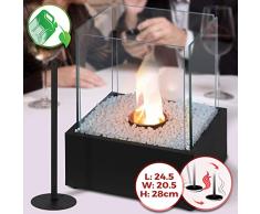 Biochimenea - con Quemador de Acero Inoxidable, Paneles de Vidrio, Piedras Decorativas y Apagador de Llama, Base Rectangular de Color Negro, 24,5x20,5x28cm - Chimenea de Bioetanol