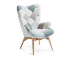 Kave Home - Butaca Kody con Brazos, tapizada en Patchwork Azul y Patas de Madera Maciza de Haya Natural