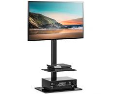 FITUEYES Soporte TV de 32 a 60 Pulgadas con 2 Estantes de Vidrio Soporte de Suelo para Televisión Plana Curva Giratorio 70 Grados Altura Ajustable MAX VESA 600 x 400 mm Gestión de Cables