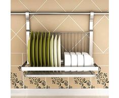 Gettesy Escurreplatos Plegable Acero Inoxidable para Colgar en la Cocina, Estante Organizador de Platos - Plateado + Blanco