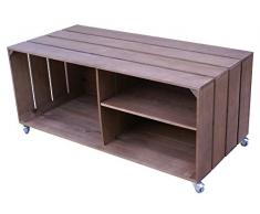 Liza Line Mesa DE Madera, Mueble TV con 3 Compartimentos y Ruedas Giratorias. Mueble Televisor de Pino Nórdico Macizo, Estilo Cajas Vintage con Estantes - 90 x 40 x 42 cm (Marrón Nogal)