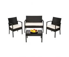 TecTake Conjunto muebles de Jardín en Poly Ratan Sintetico negro 4 plazas, 2 sillones, 1 mesa baja, 1 banco