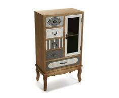 Versa 21080042 Vitrina Provenzal con 5 cajones y Puerta con Cristal, Madera de Pino de Nueva Zelanda, Blanco, Gris, Beige y Natural, 93 x 30,5 x 53,5 cm