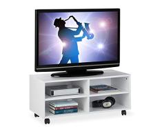Relaxdays Mueble TV Ruedas con 4 Compartimentos, Mesa Televisión Salón, Tablero de Partículas, 35 x 80 x 35 cm, Blanco