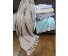 Manta de lana con franja , 80% Lana, 140 X 200cm, modelo Garda -270, color beige - blanco