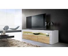 Mesa Baja para TV Valencia, Cuerpo en Blanco Mate/Frente en Roble Natural con Marco en Blanco de Alto Brillo