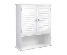 VASAGLE Armario de Pared, Armario Colgante de Baño, Armario para Medicamentos con Estante Ajustable, Puertas de Doble Persiana y Estante Abierto, 60 x 20 x 70 cm, Madera, Blanco BBC27WT