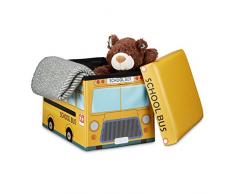 Relaxdays Otomano "escuela autobús plegable caja de juguetes/resistente niños de pecho asiento con extraíble tapa, funda de piel sintética, amarillo, 32 x 48 x 32 cm, 37 L
