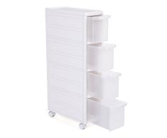 SONGMICS Carrito Estrecho con Ruedas, Estantería de Almacenamiento con Cajones, 4 Niveles Utilizables por Separado, Plástico PP, Blanco, 18 x 46 x 84,5 cm (Anchura x Profundiad x Altura) KFR05W