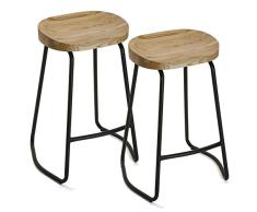 Versa 21330009 Set 2 Taburetes de Bar Rústicos con Asiento Fijo de Madera de Olmo Natural y Patas de Metal en Color Negro 65 x 42 x 50 cm