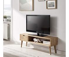 Hogar24.es-Mesa televisión, mueble tv salón diseño vintage, cajón y estante, madera maciza natural, fabricación artesanal. 100 cm x 40 cm x 30 cm