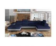 Movilier Deco Alicia – Sofá panorámico Convertible en tejido azul y piel sintética gris con baúl de almacenaje – Ángulo derecho