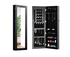 HOMCOM Espejo Joyero de Pared o de Pie Armario para Joyas Guardajoyas 37x9.5x112cm MDF Negro