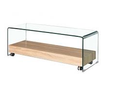 Mueble TV de Cristal Transparente – Bandeja Base con Ruedas (Madera Décor Roble – diseño Moderno – Ice
