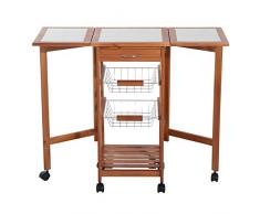 HOMCOM Mesa Auxiliar Cocina 91x37x75 cm Plegable 6 Ruedas 1 Cajon 2 Cestas Carrito Servicio Pino Metal Cromado