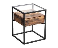 VASAGLE Mesa Auxiliar de Estilo Industrial, Mesa de Consola de Cristal Templado con Cajón y Repisa Rústica, Mesita de Noche, Decoración en el Salón, Marco de Hierro Estable LET04BX