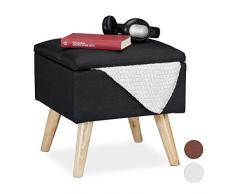 Relaxdays Taburete Bajo, Puff Asiento Almacenaje, Baúl Almacenamiento, 1 Ud, Madera y Lino Sintético, 40 x 40 x 40 cm, Negro