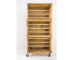 Estantería con 3 Cajas de Madera Natural Tipo Fruta Vertical con Ruedas Rojas Sam, Cajas Naturales, Beige, 50x32x110CM. Incluye Imán Personalizable de Madera.
