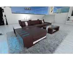 Sofá de piel moderna Bellagio LED en forma de L marrón oscuro/blanco