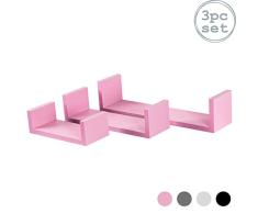 Harbour Housewares 3 Piezas en Forma de U Flotante Estantes Set - Almacenamiento de Madera Libro CD DVD Pared Estante de exhibición - Rosa - 3 Tamaños