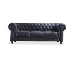 Adec - Chesterfield, Sofa de Tres plazas, Sillon Descanso 3 Personas Acabado en simil Piel Color Negro, Medidas: 211 cm (Largo) x 84 cm (Fondo) x 75 cm (Alto)
