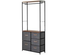 HOMCOM Armario Ropero Abierto Almacenaje Hecho de Metal Plegable con 5 Cajones Extraíbles Apto para Salón Oficina Dormitorio Estudio con Barra para Colgar Estilo Moderno Negra Gris 83x28x175cm