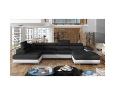 MOBILIER DECO Alicia – Sofá Panorámico convertible en tejido negro y imitación blanco, baúl de almacenamiento, ángulo izquierdo