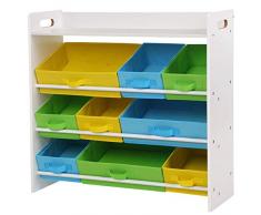SONGMICS Estantería de Juguetes con 9 Cajones de Tela no Tejida Extraíbles, Organizador Infantil, para la Sala de Juegos de la Guardería, Marco de Madera, Blanco GKR31WT